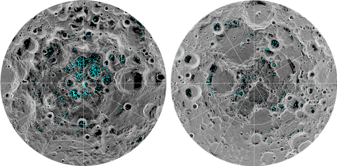 【▲2009年、インドのチャンドラヤーン1号にNASAが搭載した「Moon Mineralogy Mapper（月面鉱物マッピング装置）」が捉えた、月の南極（左）と北極（右）の氷の分布の画像。青色は氷の位置を表し、月面の画像にプロットしたもので、グレースケールは表面の温度に対応（暗いほど寒く、明るいほど暖かい）。氷は、最も暗く冷たい場所、つまりクレーターの影の部分に集中していることがわかります。この画像は、月面に水氷が存在する決定的な証拠を、科学者が初めて直接観測したもの（Credit: NASA）】