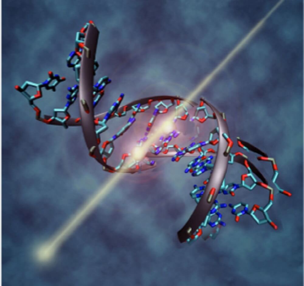 【▲DNAの二重らせん構造を切断する放射線粒子のイメージイラスト（Credit：NASA）】