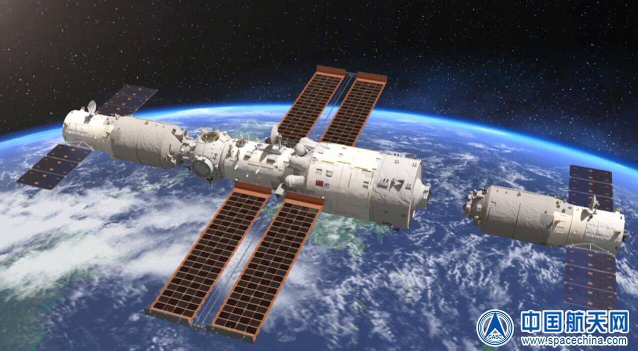 【▲ 建設中の中国宇宙ステーション（CSS）のコアモジュール「天和」にドッキングする天舟4号の想像図（Credit: CASC）】