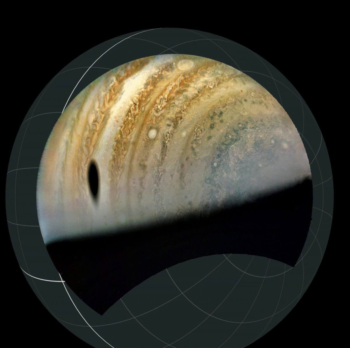 【▲ガニメデの影と木星の大きさがわかる立体画像（Credit: Image data: NASA/JPL-Caltech/SwRI/MSSS, Image processing by Brian Swift）】