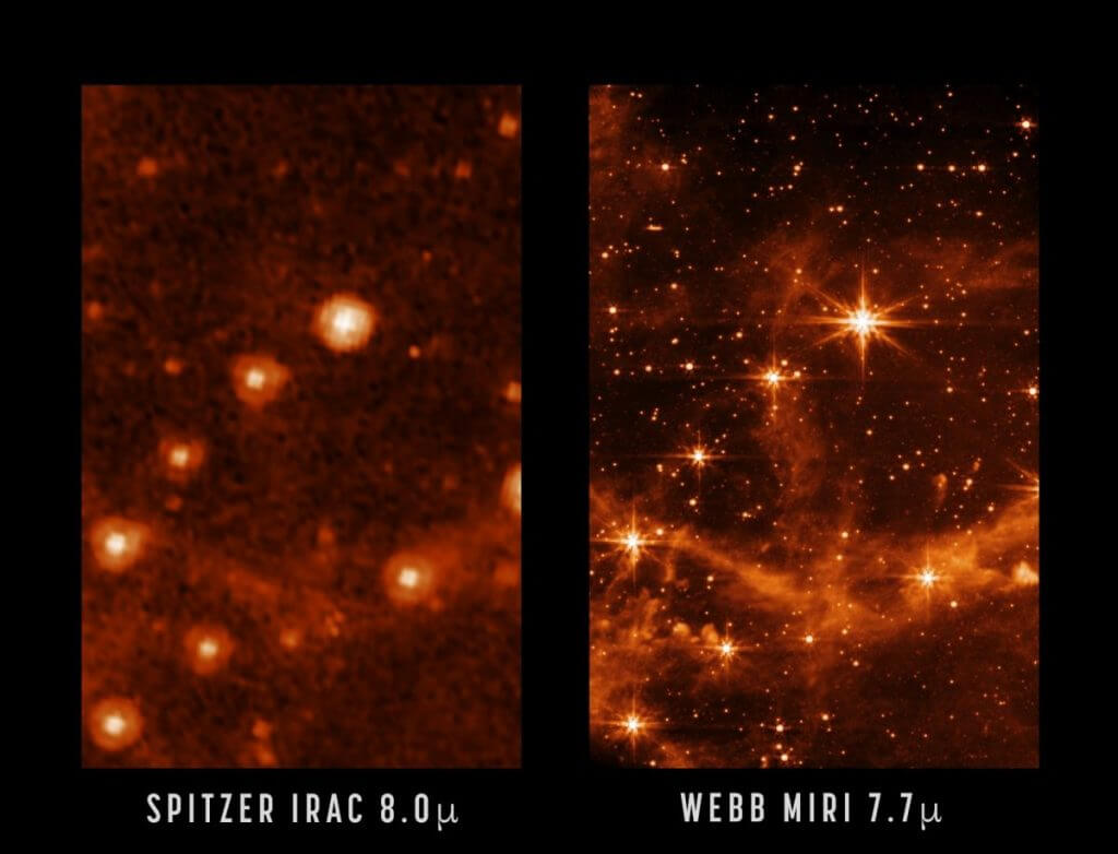 【▲ 引退したNASAの宇宙望遠鏡「スピッツァー」（左）と新型宇宙望遠鏡「ジェイムズ・ウェッブ」（右）が撮影した、大マゼラン雲の同じ領域の比較画像（Credit: NASA/JPL-Caltech (left), NASA/ESA/CSA/STScI (right)）】