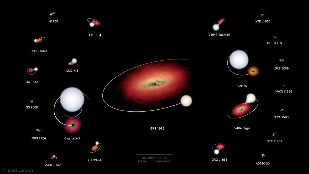 天の川銀河と大マゼラン雲にある22組のブラックホール連星（動画より）（Credit: NASA's Goddard Space Flight Center and Scientific Visualization Studio）
