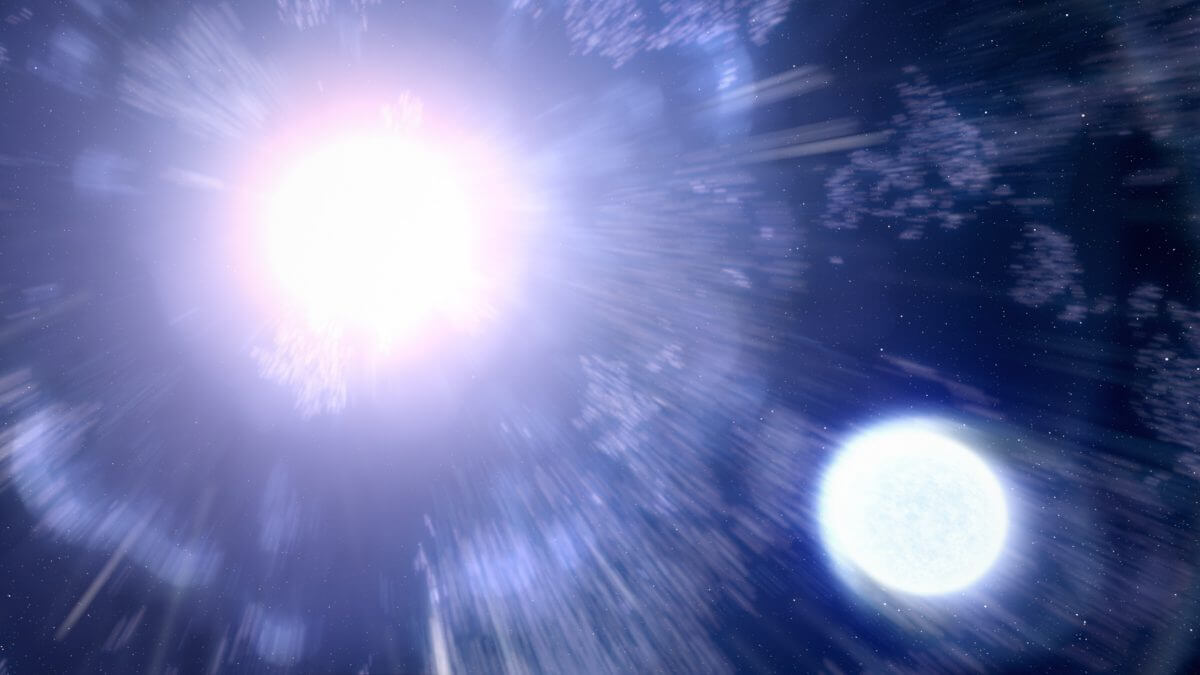 【▲ 大質量連星系で超新星爆発を起こした主星（左奥）と、その伴星（右下）の想像図（Credit: ARTWORK: NASA, ESA, Leah Hustak (STScI)）】