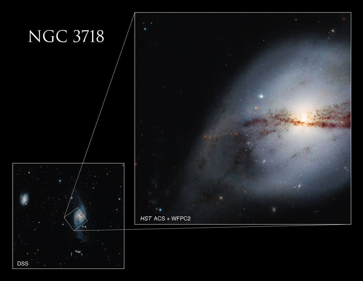 【▲ ハッブル宇宙望遠鏡が撮影した冒頭の画像（右上）と、地上の望遠鏡で撮影されたNGC 3718周辺の画像（左下）の比較図。左下の画像にはNGC 3718の左側にNGC 3729の姿も写っている（Credit: NASA, ESA, L. Ho (Peking University), and DSS; Image Processing: Gladys Kober (NASA/Catholic University of America)）】