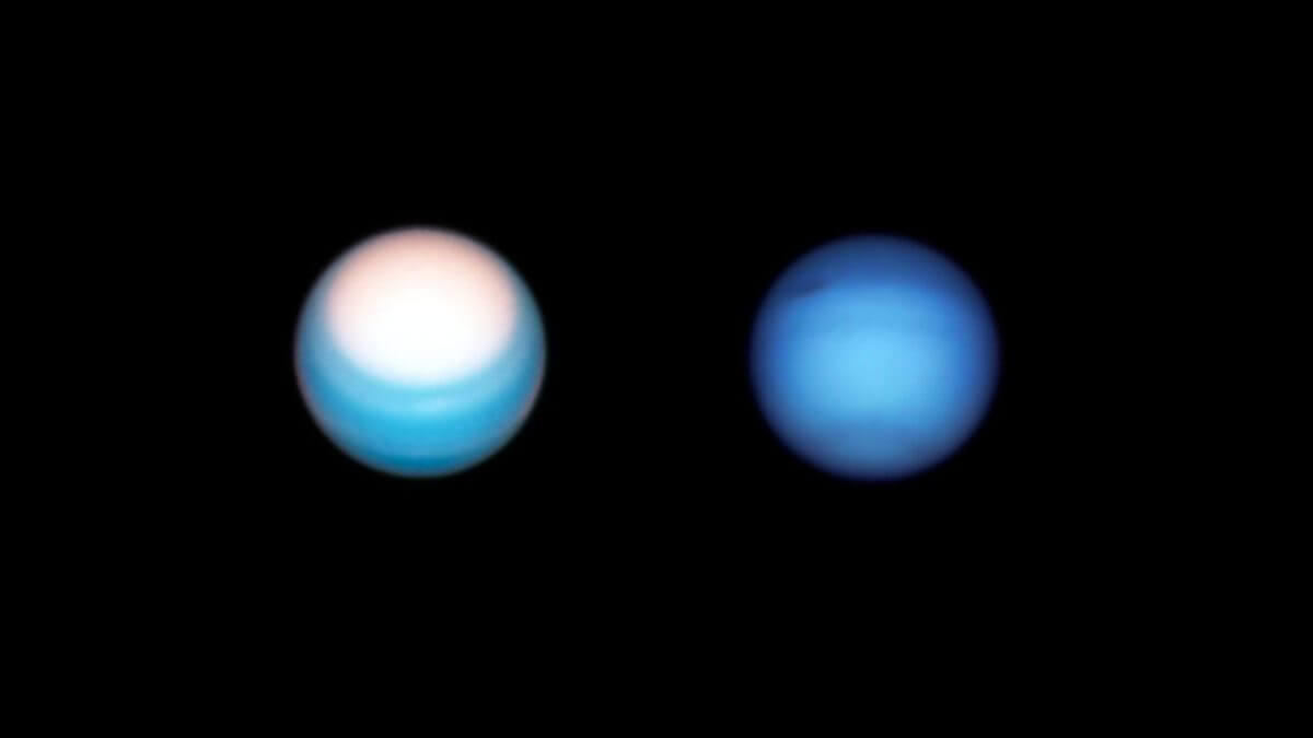 The difference in color between Uranus and Neptune.  Why is Neptune bluer?
