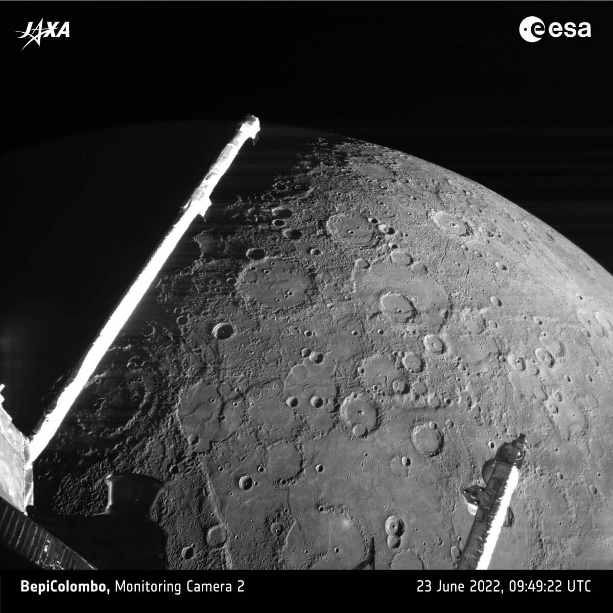 【▲ 日欧の水星探査ミッション「ベピ・コロンボ」の探査機が2022年6月23日に撮影した水星（Credit: ESA/BepiColombo/MTM）】