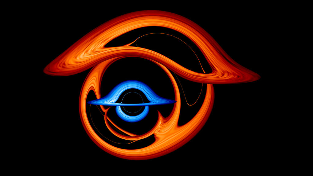 【▲連星ブラックホールのシミュレーション（Credit: NASA’s Goddard Space Flight Center/Jeremy Schnittman and Brian P. Powell）】