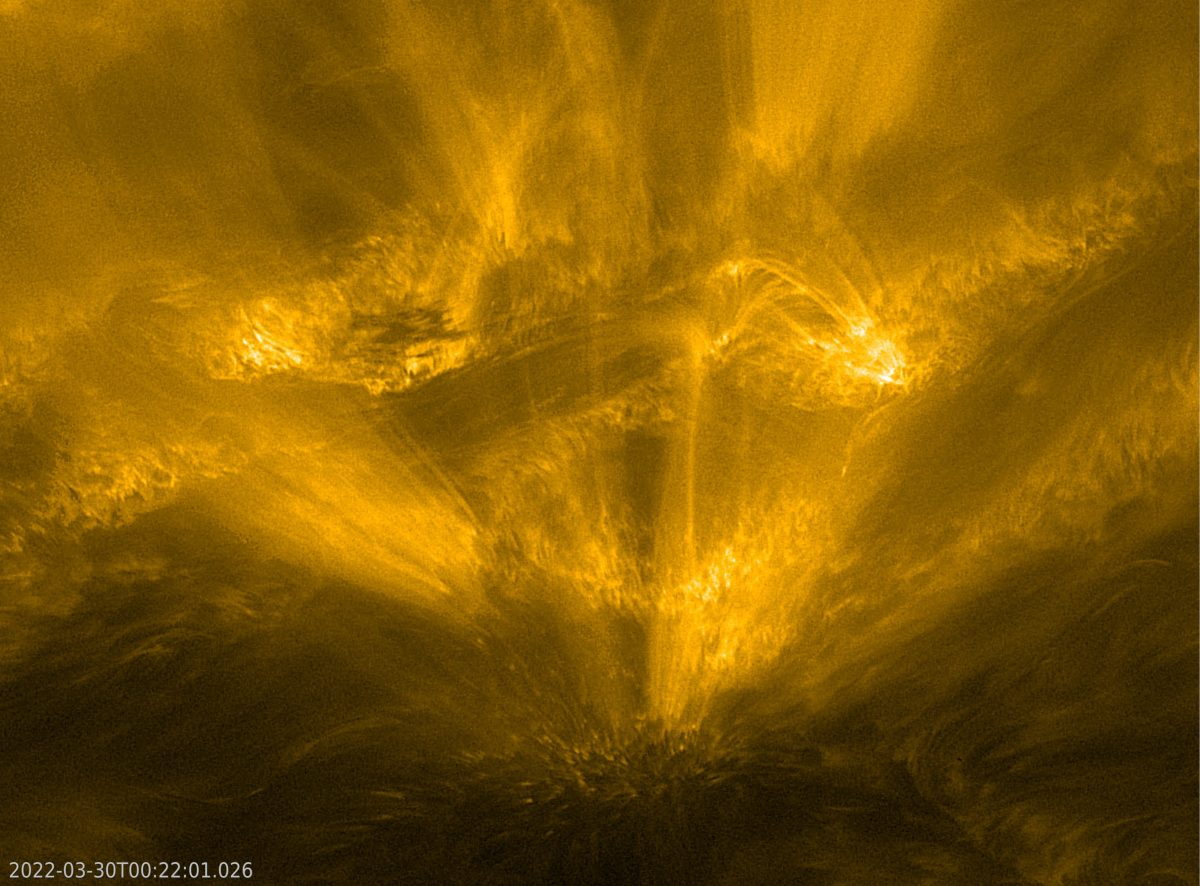 【▲ 太陽探査機「ソーラー・オービター」の極端紫外線撮像装置（EUI）で撮影された「ヘッジホッグ（ハリネズミ）」と呼ばれる構造（Credit: ESA & NASA/Solar Orbiter/EUI Team）】