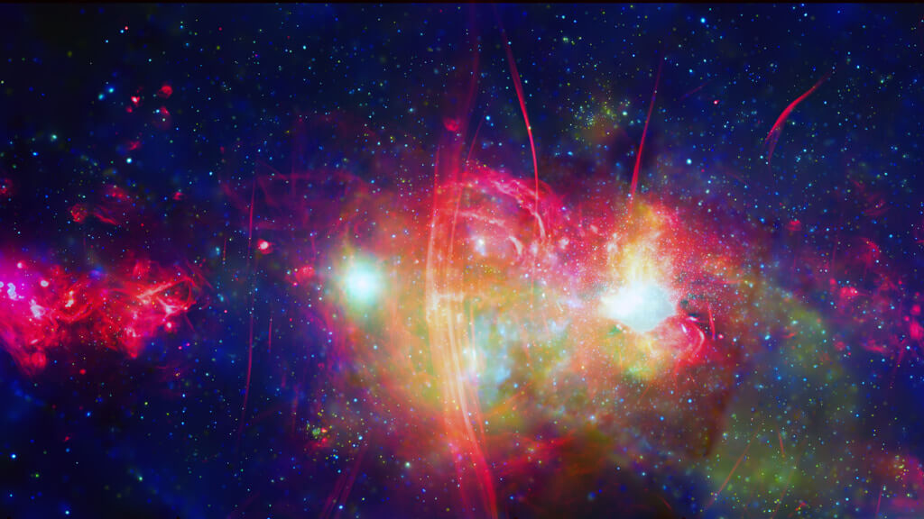 【▲天の川銀河の中心領域（Credit: X-Ray:NASA/CXC/UMass/D. Wang et al.; Radio:NRF/SARAO/MeerKAT）】