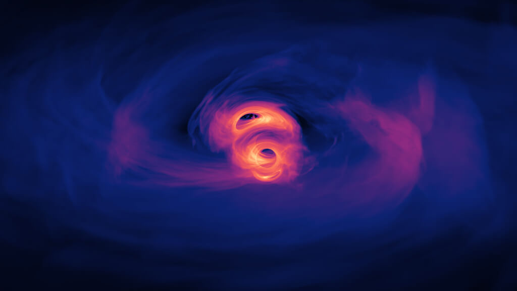 【▲ブラックホールの合体のシミュレーション（Credit: NASA's Goddard Space Flight Center）】