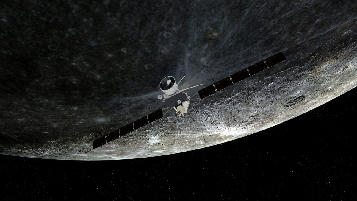 【▲ スイングバイのため水星に接近したベピ・コロンボ探査機の想像図（Credit: ESA/ATG medialab）】