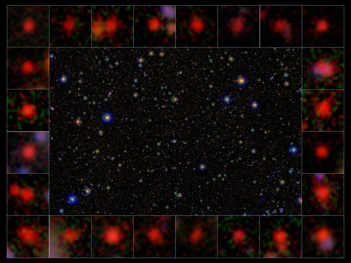 【▲ 「宇宙進化サーベイ（COSMOS）」の観測領域（中央）と、研究グループが選び出した約100億年以上前に星形成活動を終えた銀河の一部（周囲の画像24枚）（Credit: 国立天文台）】