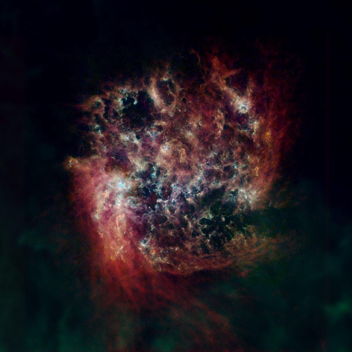 【▲ 赤外線と電波で観測された「大マゼラン雲」（Credit: ESA, NASA, NASA-JPL, Caltech, Christopher Clark (STScI), S. Kim (Sejong University), T. Wong (UIUC)）】