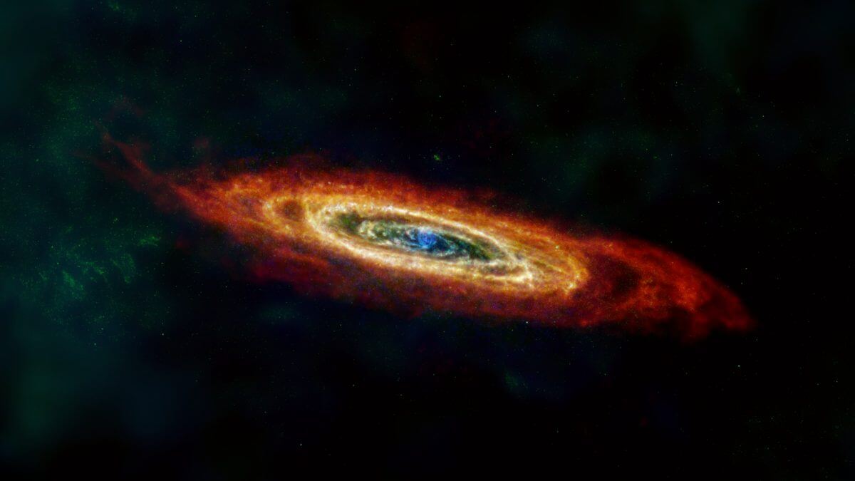 【▲ 赤外線と電波で観測された「アンドロメダ銀河（M31）」（Credit: ESA, NASA, NASA-JPL, Caltech, Christopher Clark (STScI), R. Braun (SKA Observatory), C. Nieten (MPI Radioastronomie), Matt Smith (Cardiff University)）】
