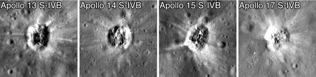 【▲ LROによって撮影された、4つの月面探査ミッションで打ち上げられたサターンVの第3段「S-IVB」の衝突地点の様子。左から：アポロ13号、アポロ14号、アポロ15号、アポロ17号（Credit: NASA/Goddard/Arizona State University）】