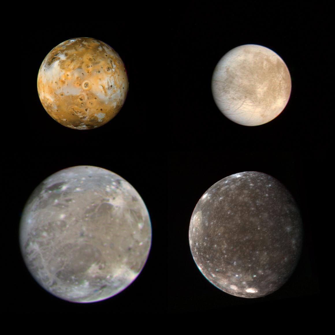 【▲ 木星のガリレオ衛星。イオ（左上）、エウロパ（右上）、ガニメデ（左下）、カリスト（右下）（Credit: NASA/JPL）】