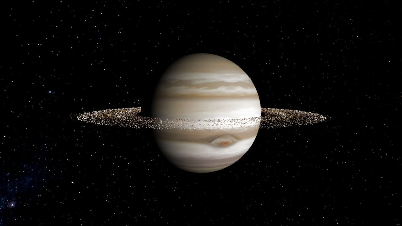 【▲ 巨大な環を持つ木星の想像図（Credit: Stephen Kane/UCR）】