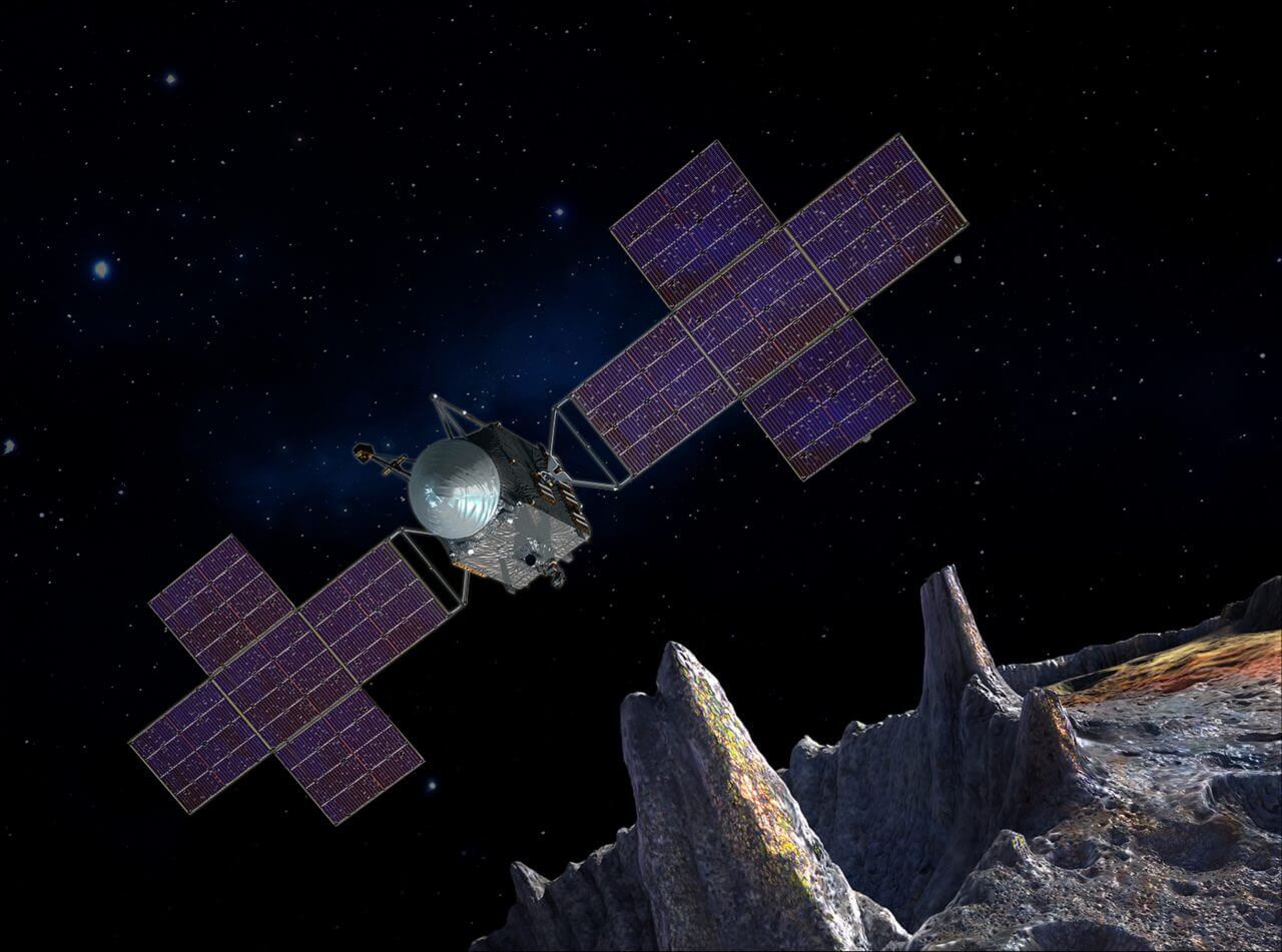 【▲ 小惑星ミッション「Psyche（サイキ）」探査機の想像図（Credit: NASA/JPL-Caltech/Arizona State Univ./Space Systems Loral/Peter Rubin）】