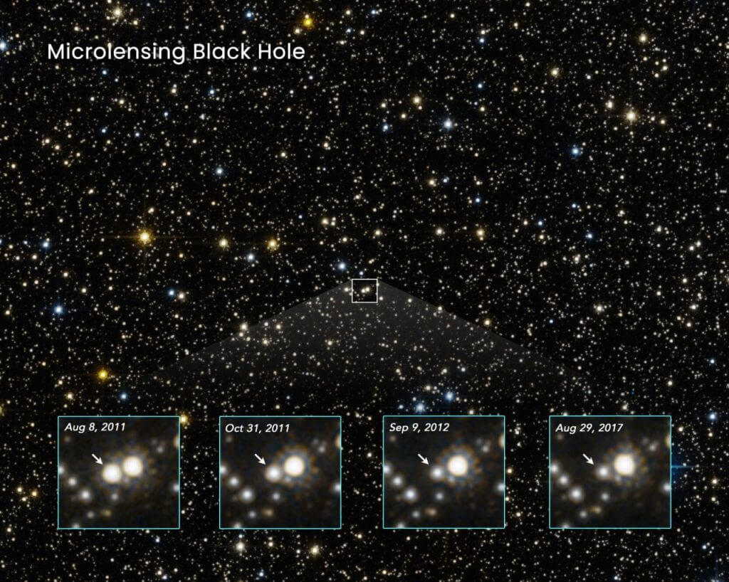 【▲ ハッブル宇宙望遠鏡によって観測された重力マイクロレンズ現象「OB110462」。拡大図は左から2011年8月8日・2011年10月31日・2012年9月9日・2017年8月29日に取得された画像で、矢印で示された星の見かけの明るさが変化していることがわかる（Credit: NASA, ESA, K. Sahu (STScI), J. DePasquale (STScI)）】