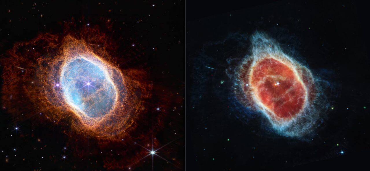 【▲ 惑星状星雲「NGC 3132」。左は近赤外線カメラ「NIRCam」、右は中間赤外線装置「MIRI」を使って取得（Credit: NASA, ESA, CSA, STScI ）】