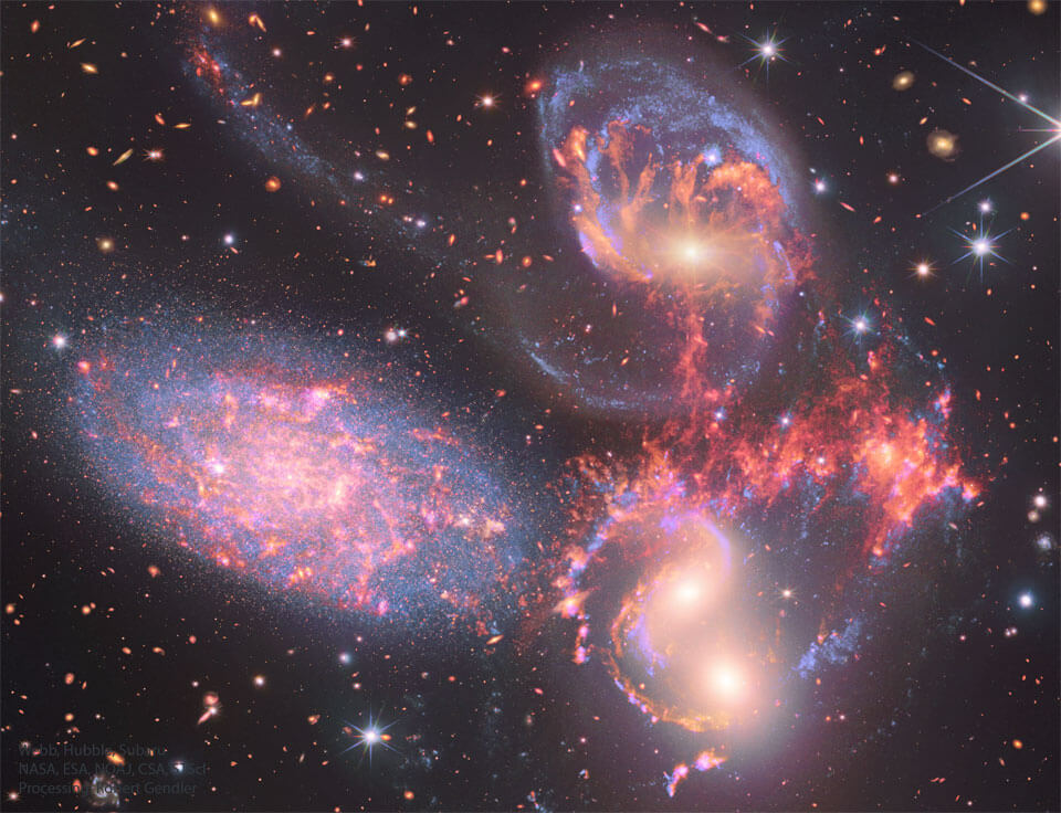 【▲「ウェッブ＆ハッブル＆すばる」望遠鏡による「ステファンの五つ子銀河」（※実際に近接している4つの銀河を含む領域）（Credit：Webb, Hubble, Subaru; NASA, ESA, CSA, NOAJ, STScI; Processing &amp; Copyright: Robert Gendler）】