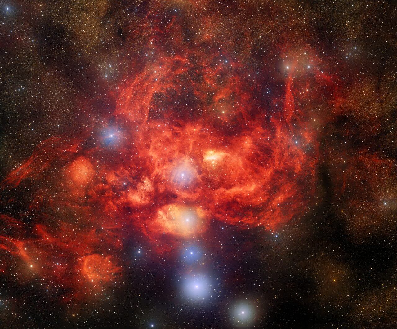 【▲ 散光星雲「NGC 6357」（Credit: CTIO/NOIRLab/DOE/NSF/AURA; T.A. Rector (University of Alaska Anchorage/NSF’s NOIRLab), J. Miller (Gemini Observatory/NSF’s NOIRLab), M. Zamani & D. de Martin (NSF’s NOIRLab)）】