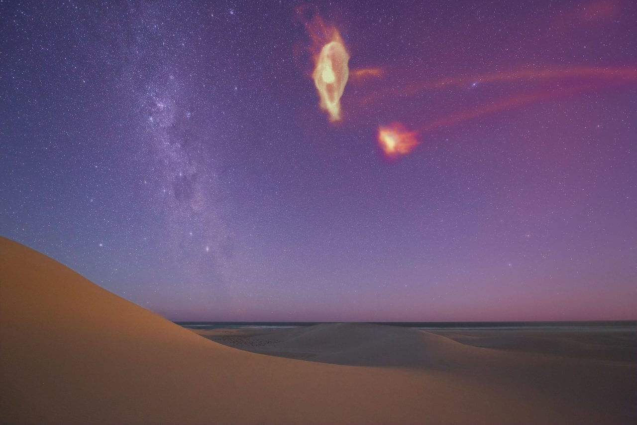 【▲ 数値シミュレーションをもとに作成された、夜空に浮かび上がるマゼラニックストリームのイメージ図（Credit: Colin Legg / Scott Lucchini）】