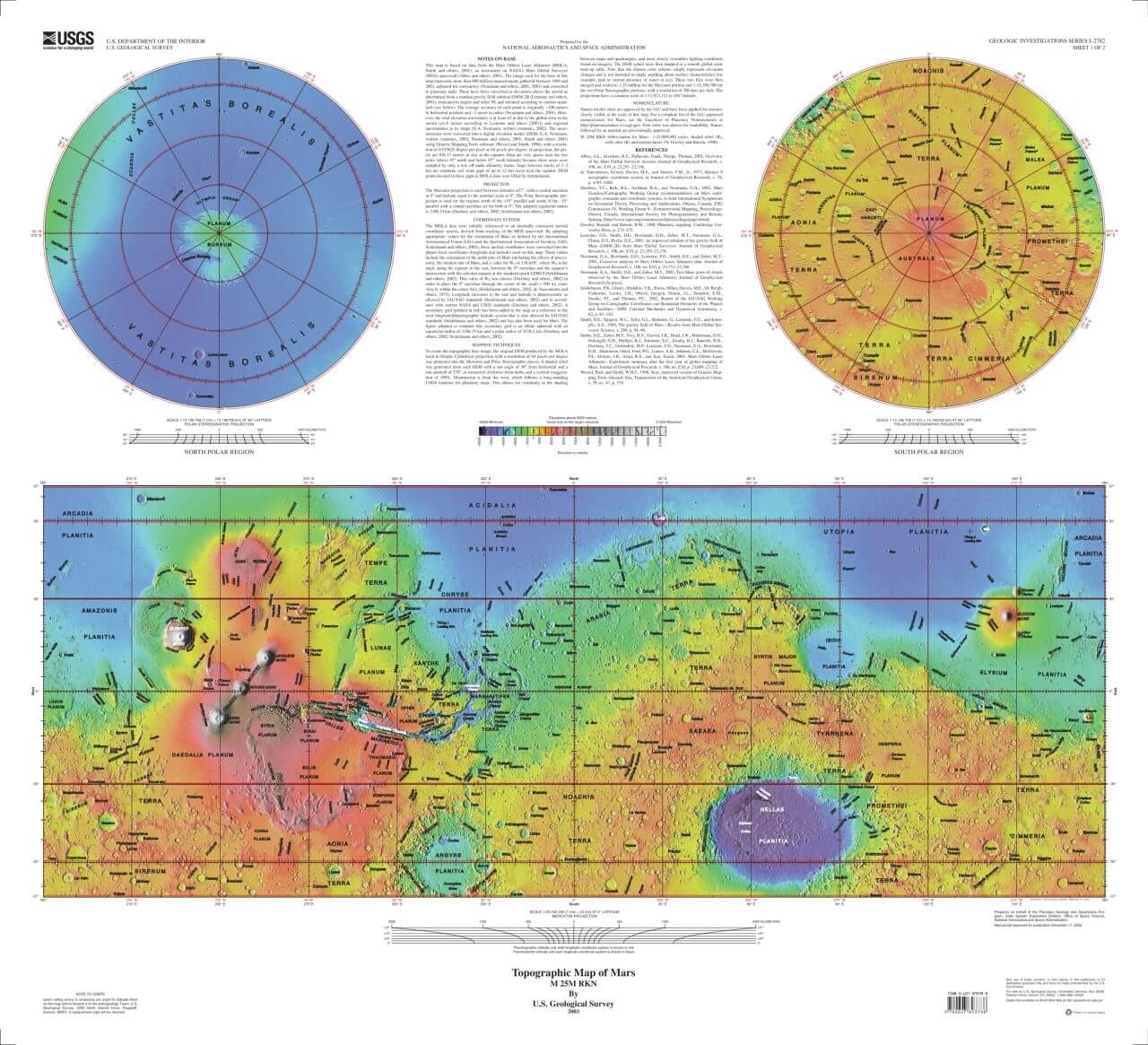 【▲ アメリカ地質調査所（USGS）が公開している火星の地形図（標高で色分け）。火星の地形は概ね北半球が低く、南半球が高いことがわかる（Credit: USGS）】