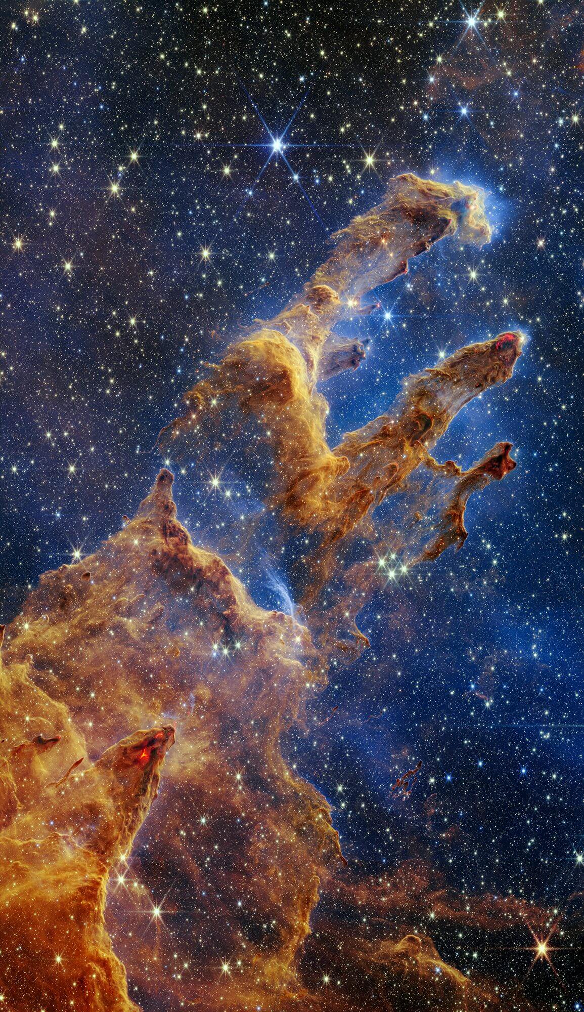 【▲ ジェイムズ・ウェッブ宇宙望遠鏡の近赤外線カメラ（NIRCam）で撮影された「わし星雲」の“創造の柱”（Credit: NASA, ESA, CSA, STScI; Image Processing: Joseph DePasquale (STScI), Anton M. Koekemoer (STScI), Alyssa Pagan (STScI)）】