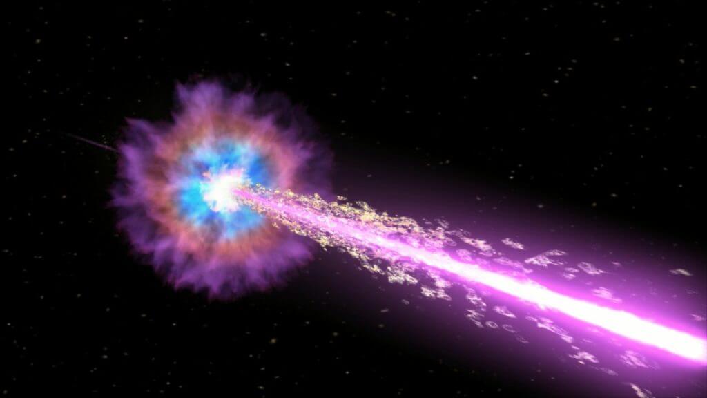 【▲ ブラックホールの誕生にともなって発生したガンマ線バーストの想像図。光速に近い強力なジェットが恒星の外層を突き抜けている様子が描かれている（Credit: NASA/Swift/Cruz deWilde）】