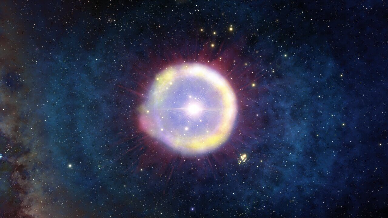 【▲ 図1: 対不安定型超新星爆発を起こした種族IIIの恒星の想像図。 (Image Credit:NOIRLab/NSF/AURA/J. da Silva/Spaceengine) 】