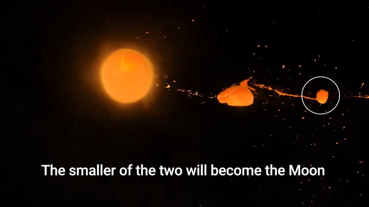 【▲ 図2: 巨大衝突後数時間で、飛び出した破片は2つの塊に集合します。内側の大きな塊は地球に衝突しますが、外側の小さな塊は地球を周回する衛星となります。これが現在の月に相当する天体です。 (NASA/ Durham University/Jacob Kegerreis, YouTube上のムービーより画像キャプチャー) 】