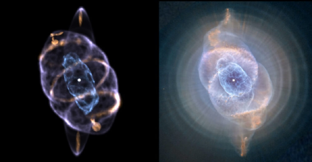 クレアモント氏によって作成されたキャッツアイ星雲の 3 次元モデルと、ハッブル宇宙望遠鏡によって撮影されたキャッツアイ星雲の比較