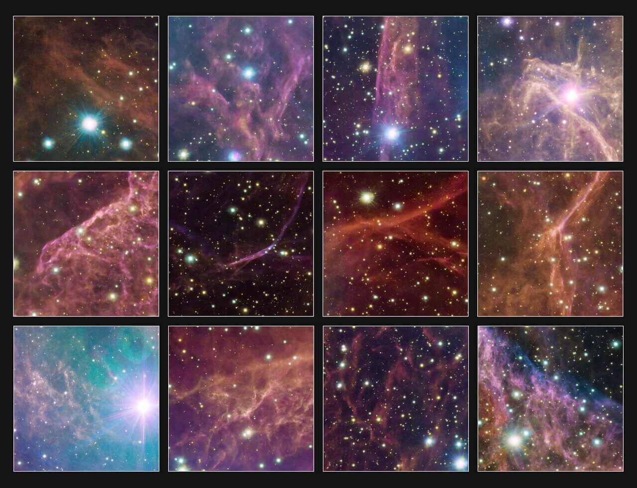 【▲ほ座超新星残骸の一部を拡大した12のハイライト画像（Credit：ESO/VPHAS+ team. Acknowledgement: Cambridge Astronomical Survey Unit）】