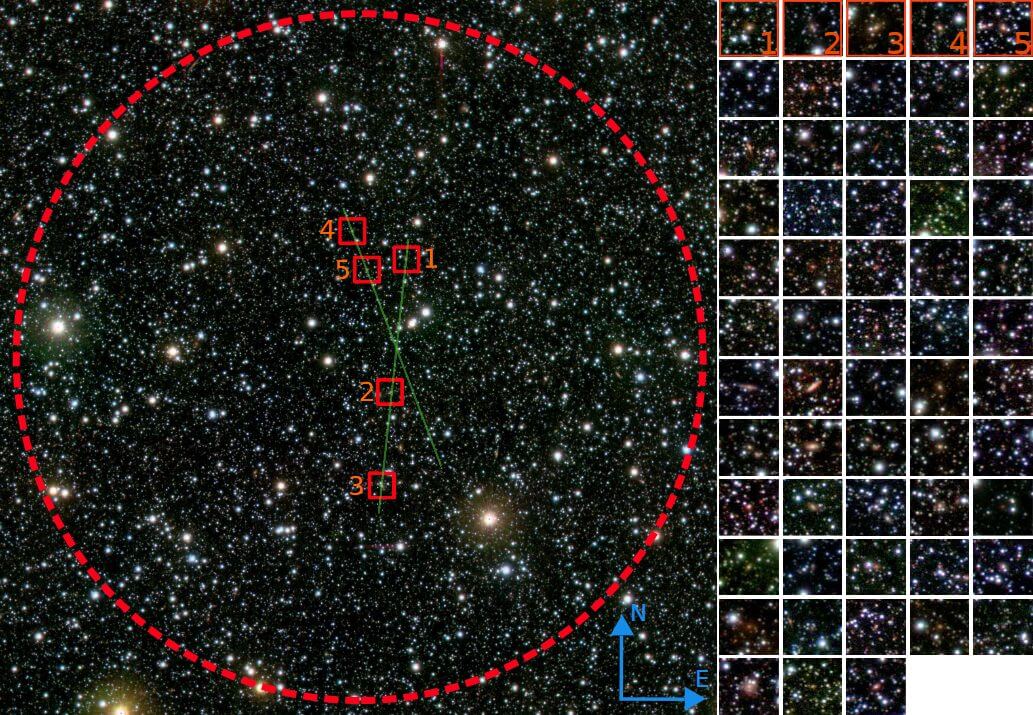 【▲ 図1: 今回発見された58個の銀河候補天体が右側に一覧化されている。番号が振られている5個の天体は、この領域を観測するために最初に決定された銀河候補天体。 (Galdeano, et.al.) 】