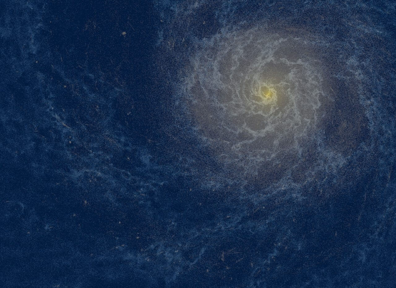 【▲ 今回の研究で行われた天の川銀河形成シミュレーションにおける星（黄）とガス（青）の分布（Credit: Yutaka Hirai）】