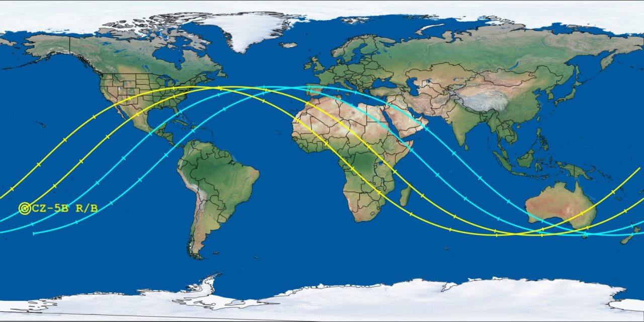 【▲ 米エアロスペース社による長征5号B遥4コアステージの再突入地点予測（日本時間11月4日4時58分時点）。日本時間2022年11月4日20時20分の再突入予想地点は南太平洋上空（円で囲まれた場所）で、それよりも早くなった場合は青い線の場所、遅くなった場合は黄色い線の場所のどこかで再突入する可能性がある（Credit: Aerospace Corporation）】