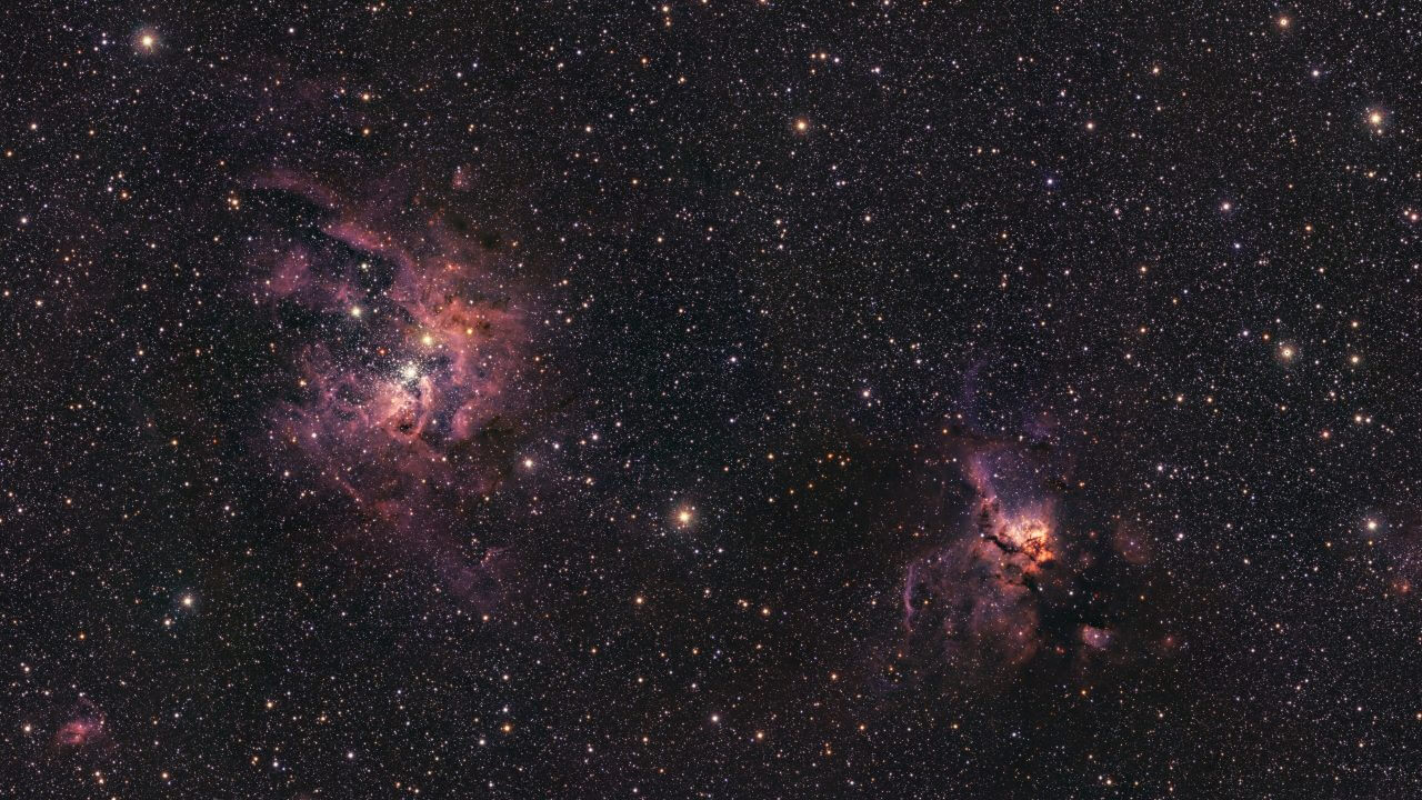 【▲ パラナル天文台（チリ）のVISTA望遠鏡を使って赤外線で観測された星雲「NGC 3603」（左）と「NGC 3576」（右）（Credit: ESO/VVVX survey）】