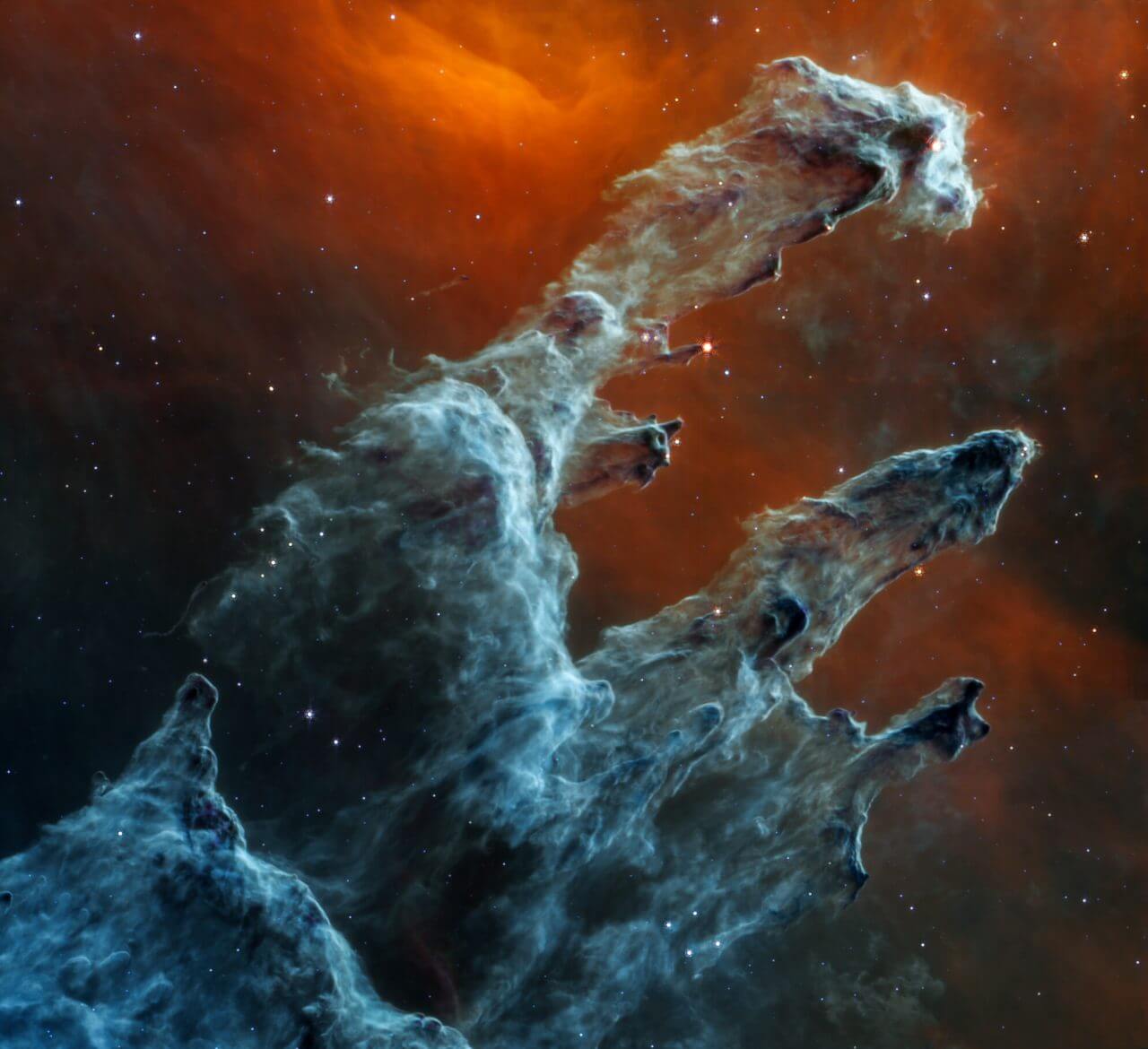 【▲ ジェイムズ・ウェッブ宇宙望遠鏡の中間赤外線装置（MIRI）で撮影された「わし星雲」の“創造の柱”（Credit: Science: NASA, ESA, CSA, STScI; Image Processing: Joseph DePasquale (STScI), Alyssa Pagan (STScI)）】