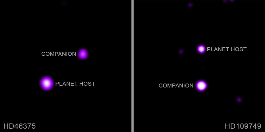 【▲ チャンドラX線観測衛星が取得した連星「HD 46375」（左）と「HD 109749」（右）のX線強度（Credit: NASA/CXC/Potsdam Univ./N. Ilic et al.）】