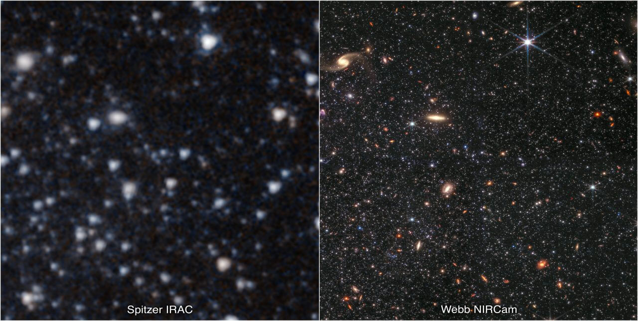 【▲ スピッツァー宇宙望遠鏡の赤外線アレイカメラ（IRAC、左）とジェイムズ・ウェッブ宇宙望遠鏡の近赤外線カメラ（NIRCam、右）で撮影された矮小銀河「ウォルフ・ルントマルク・メロッテ（WLM）」の一部（Credit: NASA, ESA, CSA, STScI, and K. McQuinn (Rutgers University), A. Pagan (STScI)）】
