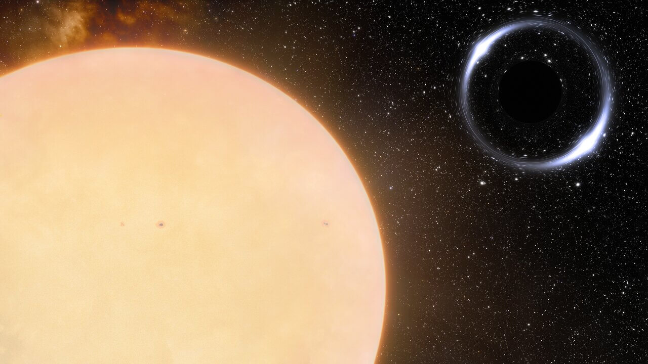 【▲ 図1: ブラックホールGaia BH1と 恒星Gaia DR3 4373465352415301632の想像図 (Image Credit: International Gemini Observatory/NOIRLab/NSF/AURA/J. da Silva/Spaceengine/M. Zamani) 】