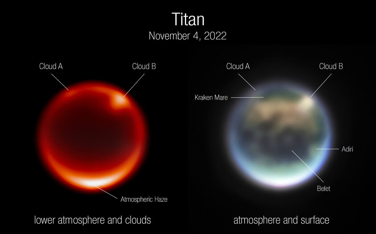 【▲ ジェイムズ・ウェッブ宇宙望遠鏡の近赤外線カメラ（NIRCam）で撮影されたタイタン（注釈付きバージョン）（Credit: NASA, ESA, CSA, A. Pagan (STScI), JWST Titan GTO Team）】