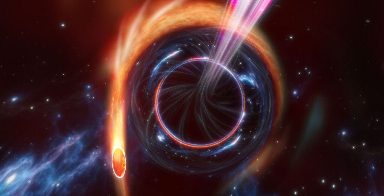 接近した恒星を引き裂き、相対論的ジェットを放出するブラックホールの想像図