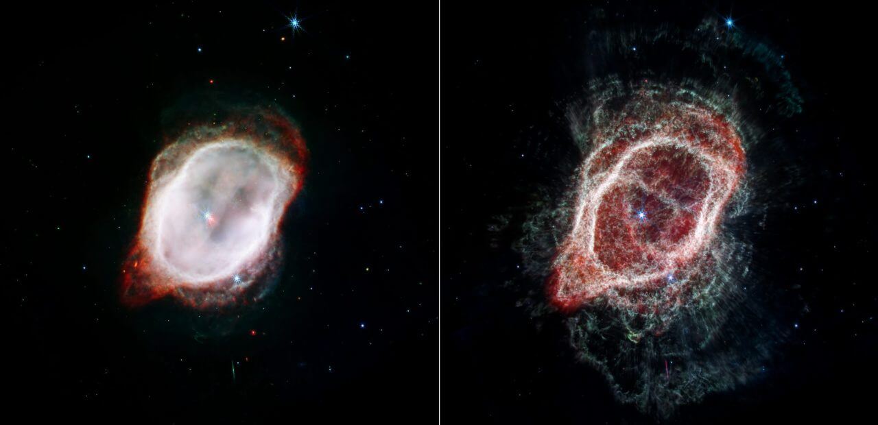 【▲ ジェイムズ・ウェッブ宇宙望遠鏡が観測した惑星状星雲「NGC 3132」。左右ともに近赤外線カメラ（NIRCam）と中間赤外線装置（MIRI）で取得したデータをもとに作成された画像で、異なる波長のデータを組み合わせているために左右で違う姿に見えている（Credit: NASA, ESA, CSA, STScI, Orsola De Marco (Macquarie University); Image Processing: Joseph DePasquale (STScI)）】