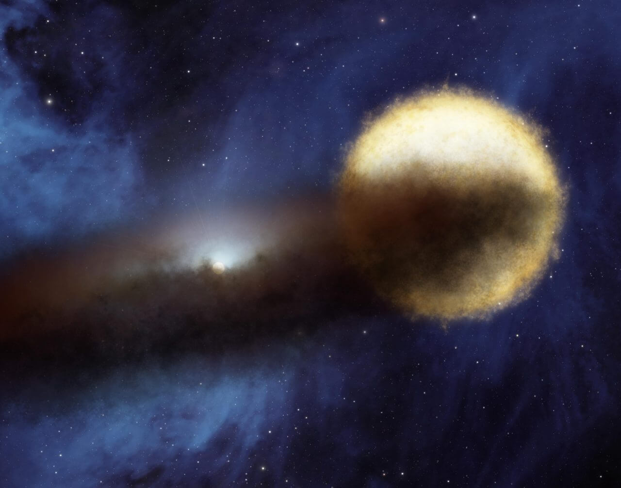 【▲ 約27年周期で減光する「ぎょしゃ座イプシロン星」（奥）と、円盤を持つ伴星（手前）の想像図（Credit: NASA/JPL-Caltech）】