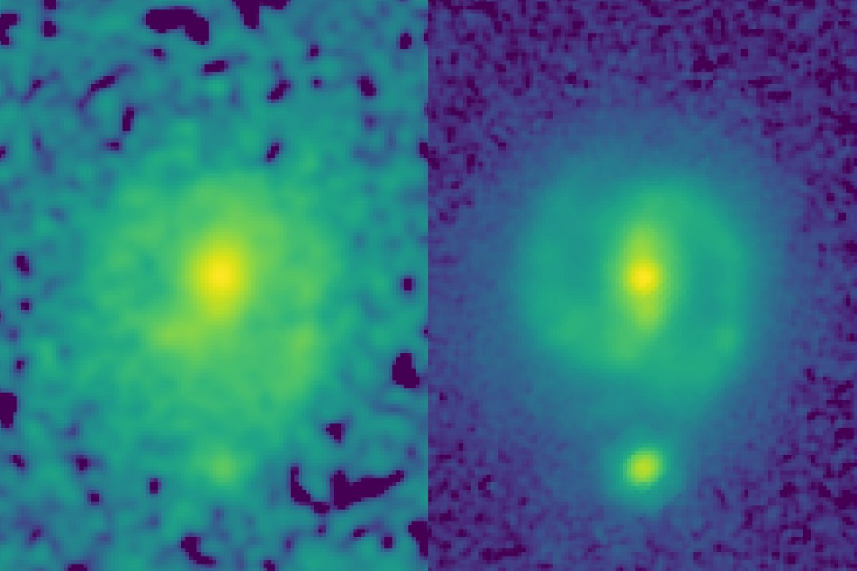 【▲ 約107億年前の銀河「EGS-23205」。左：ハッブル宇宙望遠鏡、右：ジェイムズ・ウェッブ宇宙望遠鏡で取得した画像（Credit: NASA/CEERS/University of Texas at Austin）】