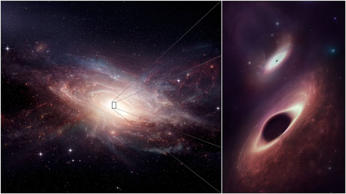 【▲ 合体の最終段階を迎えた銀河UGC 4211（左）と、その中心に潜む2つの超大質量ブラックホール（右）の想像図（Credit: ALMA (ESO/NAOJ/NRAO); M. Weiss (NRAO/AUI/NSF)）】