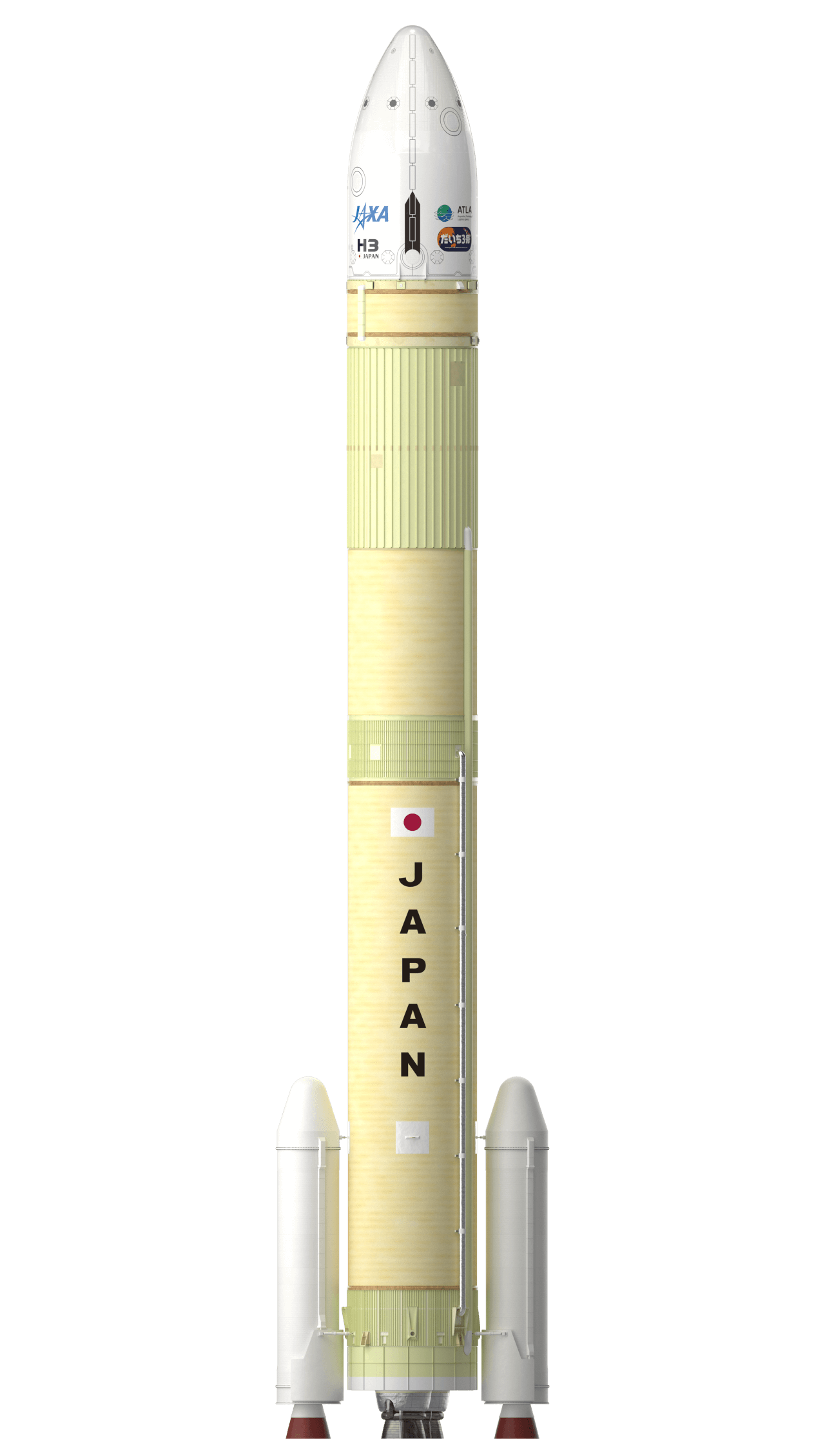 【▲ H3ロケット試験機1号機のCG。フェアリングはショートタイプを利用し、2本の固体ロケットブースターを装着している（Credit: JAXA）】