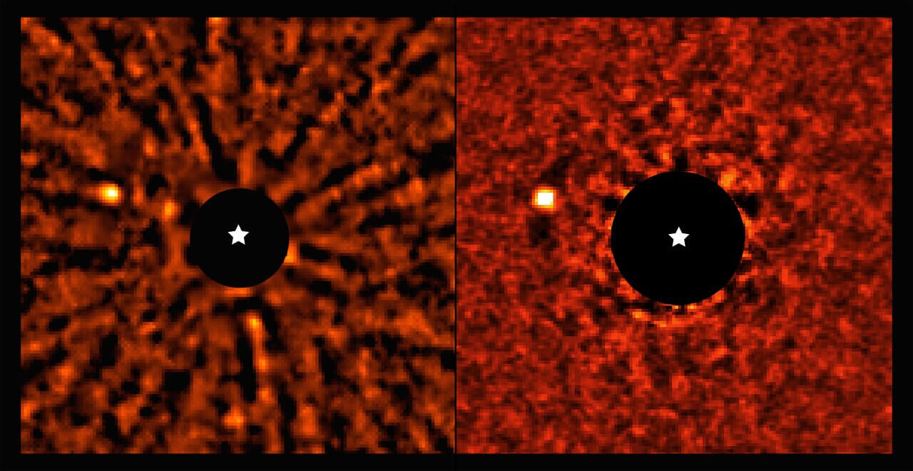 【▲ 図1: 超大型望遠鏡 (VLT) によって撮影されたうさぎ座AF星b (左側にある明るい点) 。2枚あるのは別々の期間に撮影されたことを示す。中心部の★マークは恒星の位置を示しており、黒い円は恒星の光を遮断するステラーコロナグラフで隠された部分。 (Image Credit: ESO/Mesa, De Rosa et al.) 】